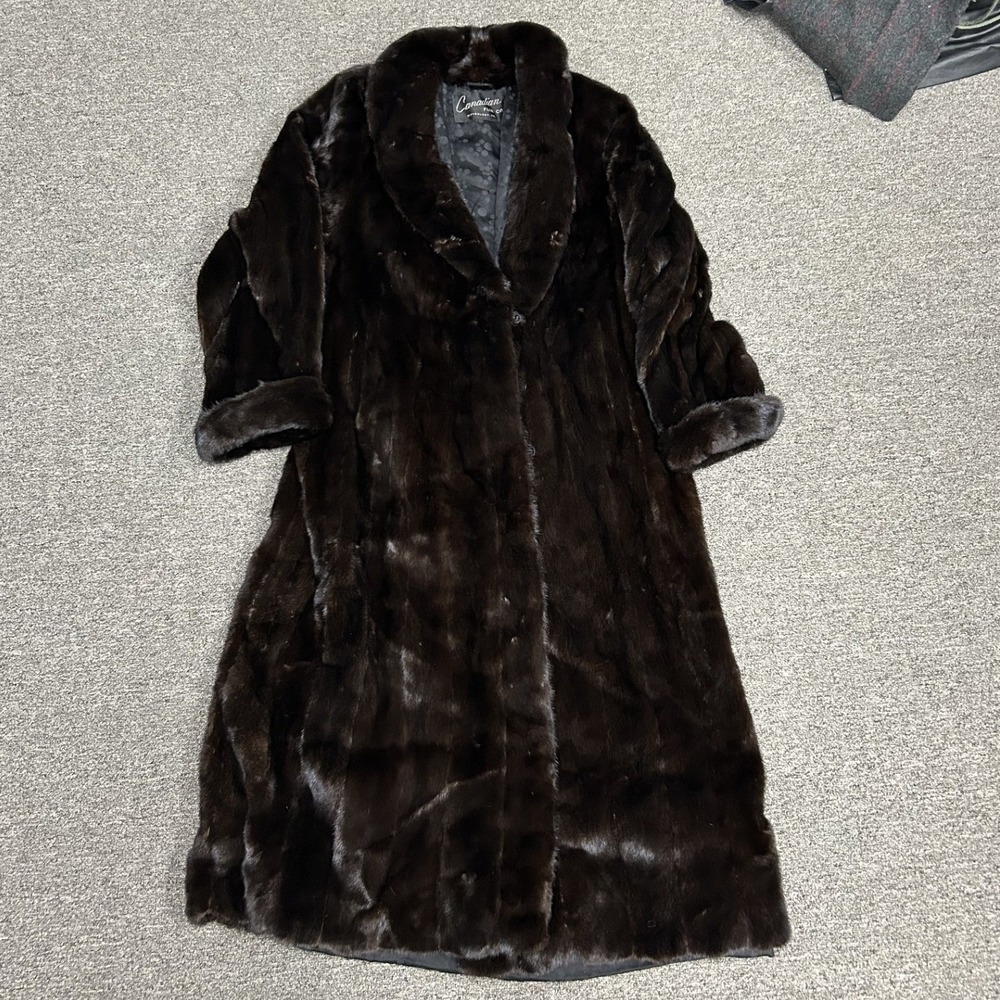 Canadian Fur Co Mink Fur Coat Womens L Dark Brown Blackglama Long Trench